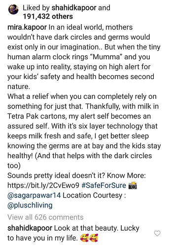 shahid kapoor comment on mira post