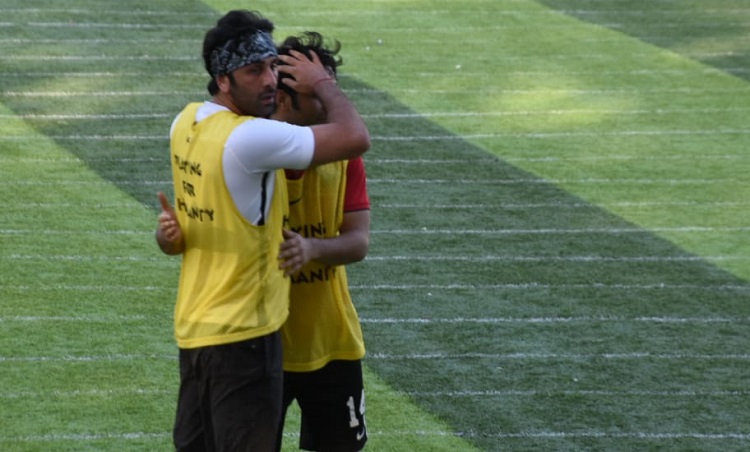 aadar jain spotted playing football with ranbir kapoor